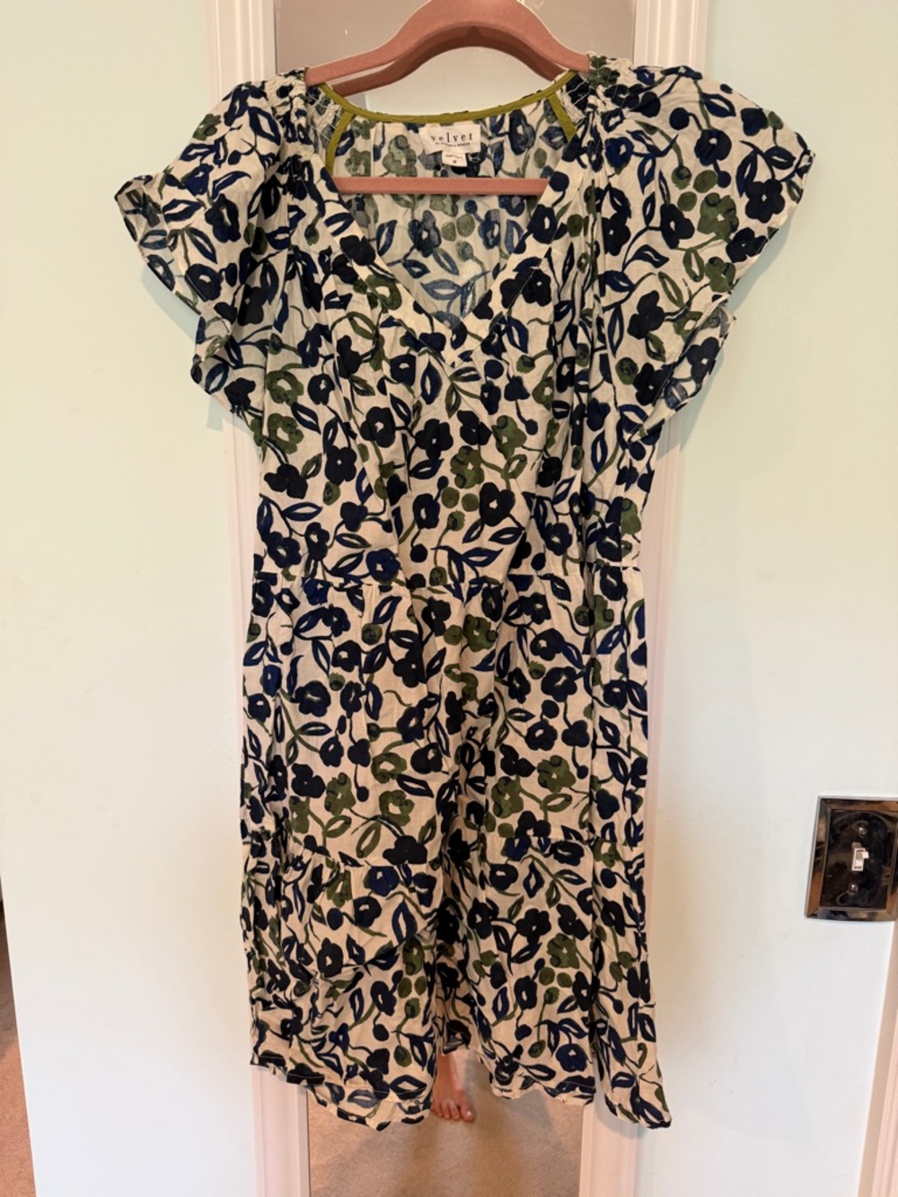 Velvet by Graham & Spencer Cream Midi Dress with Navy & Olive Floral Print